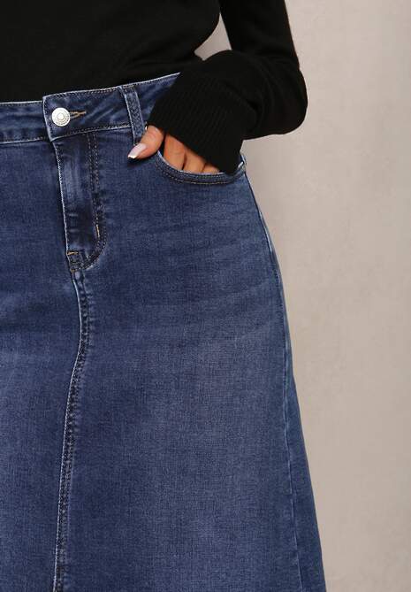 Granatowa Spódnica Maxi z Rozcięciem z Jeansu Vonuline