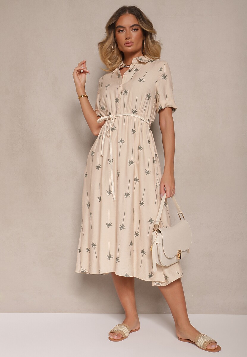 Niebieska Koszulowa Sukienka z Wiskozy o Rozkloszowanym Kroju z Wiązaniem Liselithra