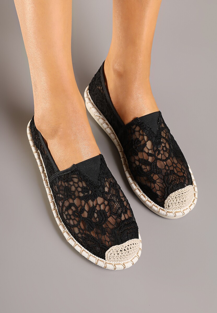 Czarne Espadryle z Plecionką i Koronką Merarilia