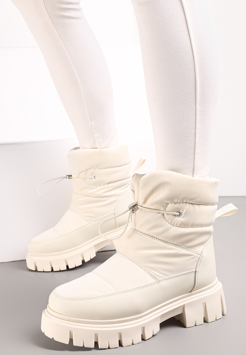 Beżowe Śniegowce na Niskiej Platformie z Ozdobnym Pikowaniem i Ściągaczem Raballa