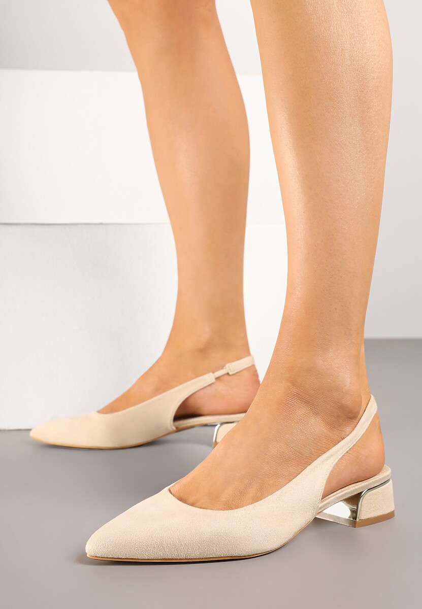 Beżowe Sandały Typu Slingback ze Skórzaną Wkładką i Metaliczną Wstawką Wevessa