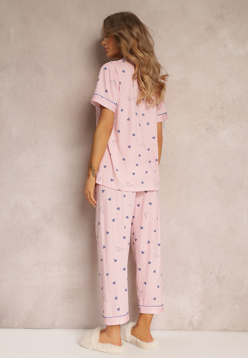 Różowy 2-częściowy Komplet Piżamowy z Koszulą na Guziki i Spodniami z Gumką w Talii Peneleta