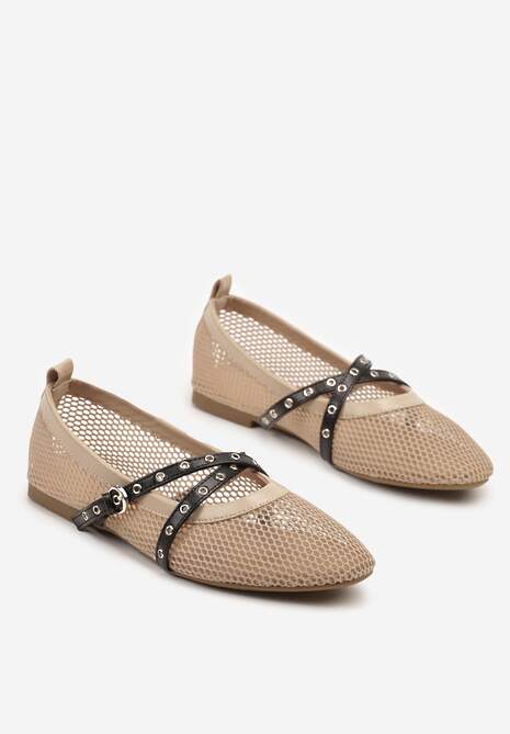 Beżowe Balerinki z Siateczki w Stylu Mary Jane z Podwójnym Paskiem Felritia