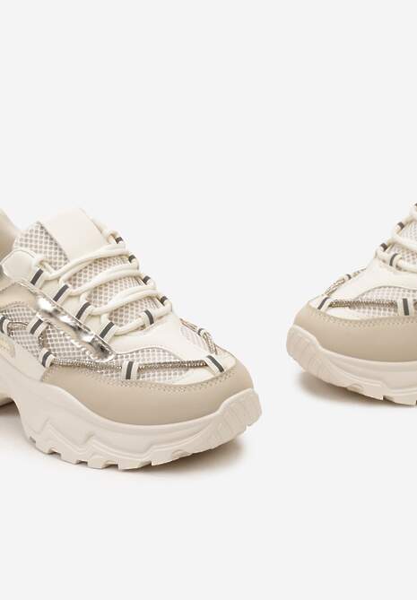 Beżowe Sneakersy z Metalicznymi Wstawkami na Niskiej Platformie z Ozdobnym Sznurkiem Oiriema