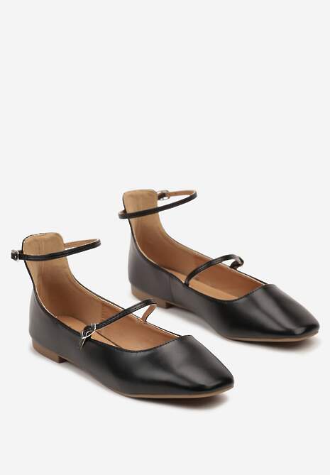 Czarne Balerinki z Imitacji Skóry na Płaskiej Podeszwie z Dwiema Sprzączkami Rosalalia