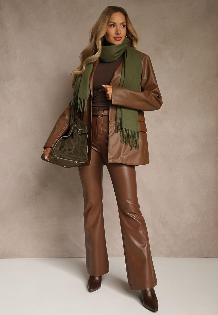 Ciemnozielony Szalik z Wiskozą Bawełną i Frędzlami Siathlin