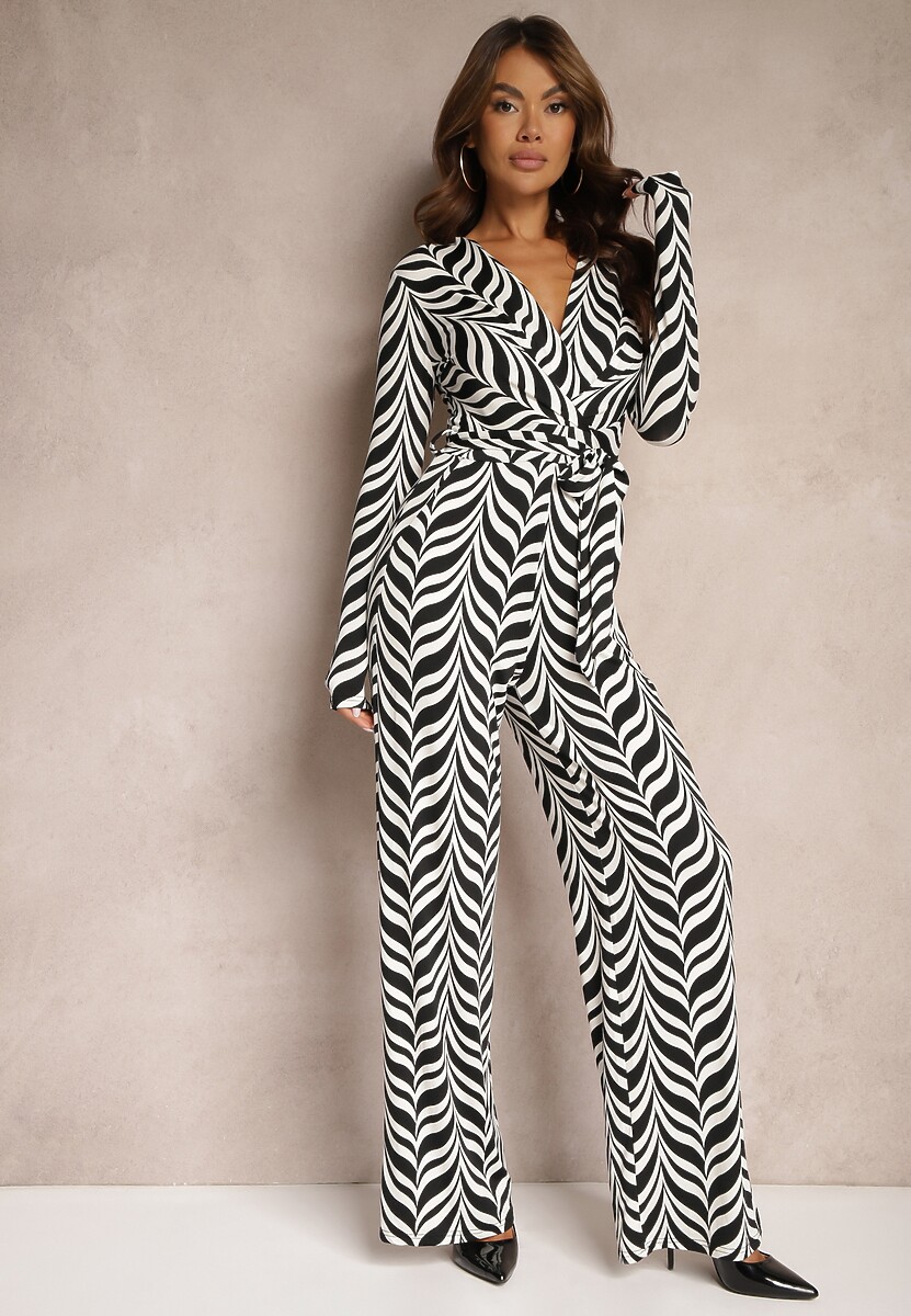Czarno-Biały Kombinezon z Wiązanym Paskiem w Geometryczny Wzór Taso