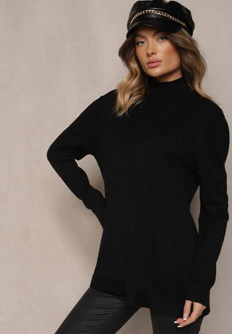 Czarny Sweter Półgolf z Bawełną i Kieszenią z Przodu Emittes