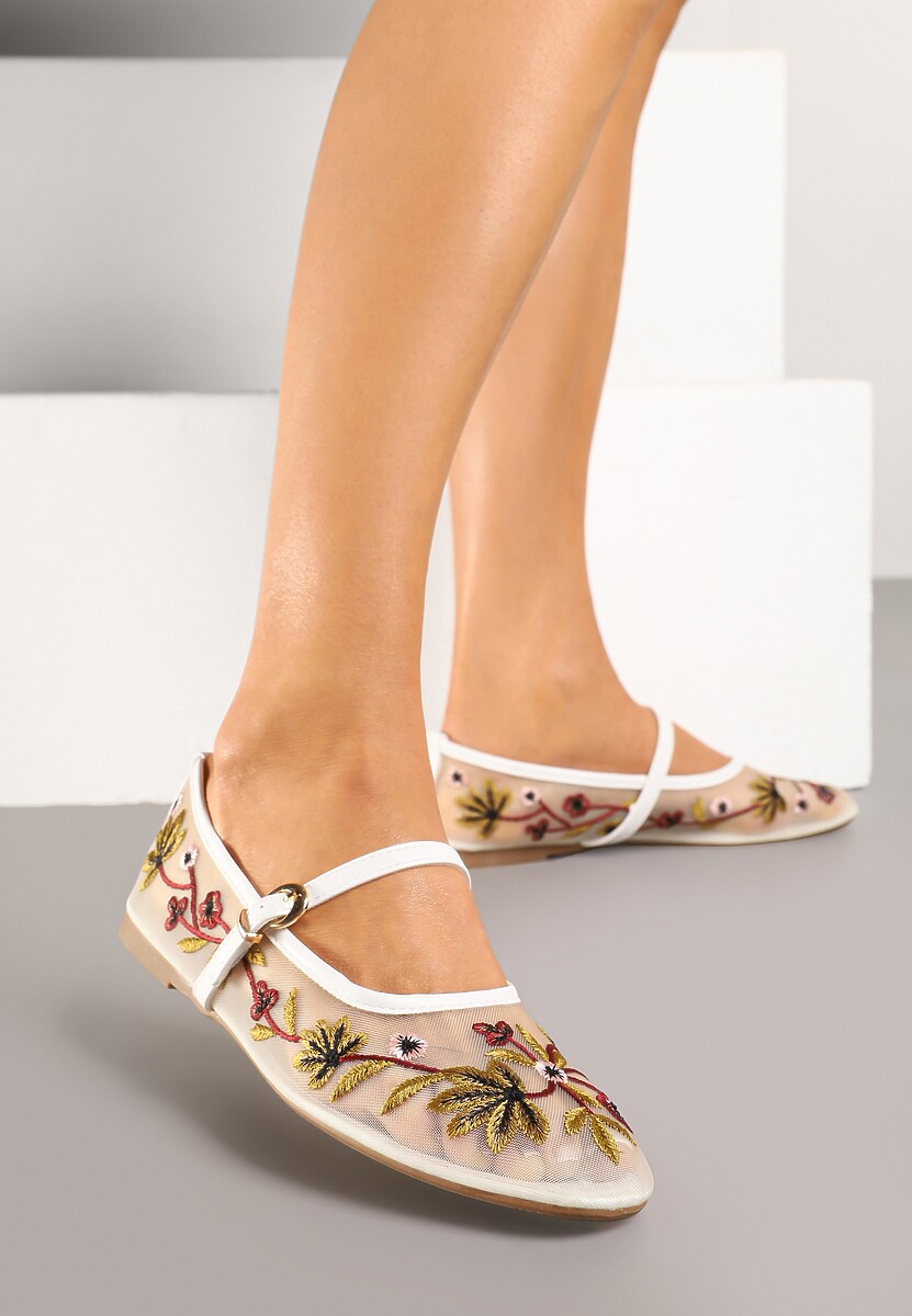 Różowe Siateczkowe Balerinki z Florystycznym Haftem i Paskiem na Sprzączkę Danirna