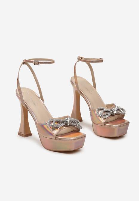 Szampańskie Sandały na Platformie i Szpilce z Kokardą z Cyrkoniami i Sprzączką Vlenikke