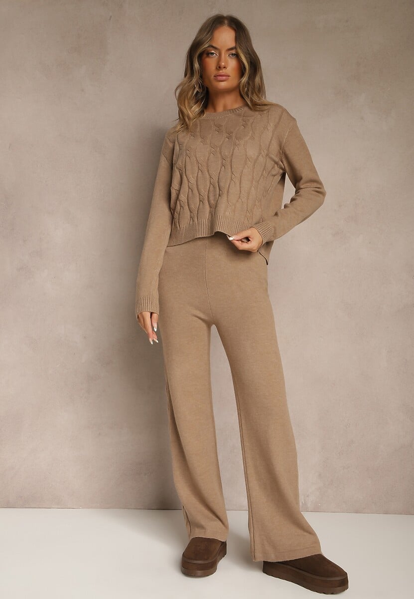 Ciemnobeżowy Komplet Dzianinowy z Wełną i Bawełną Szerokie Spodnie i Krótki Sweter Otisona