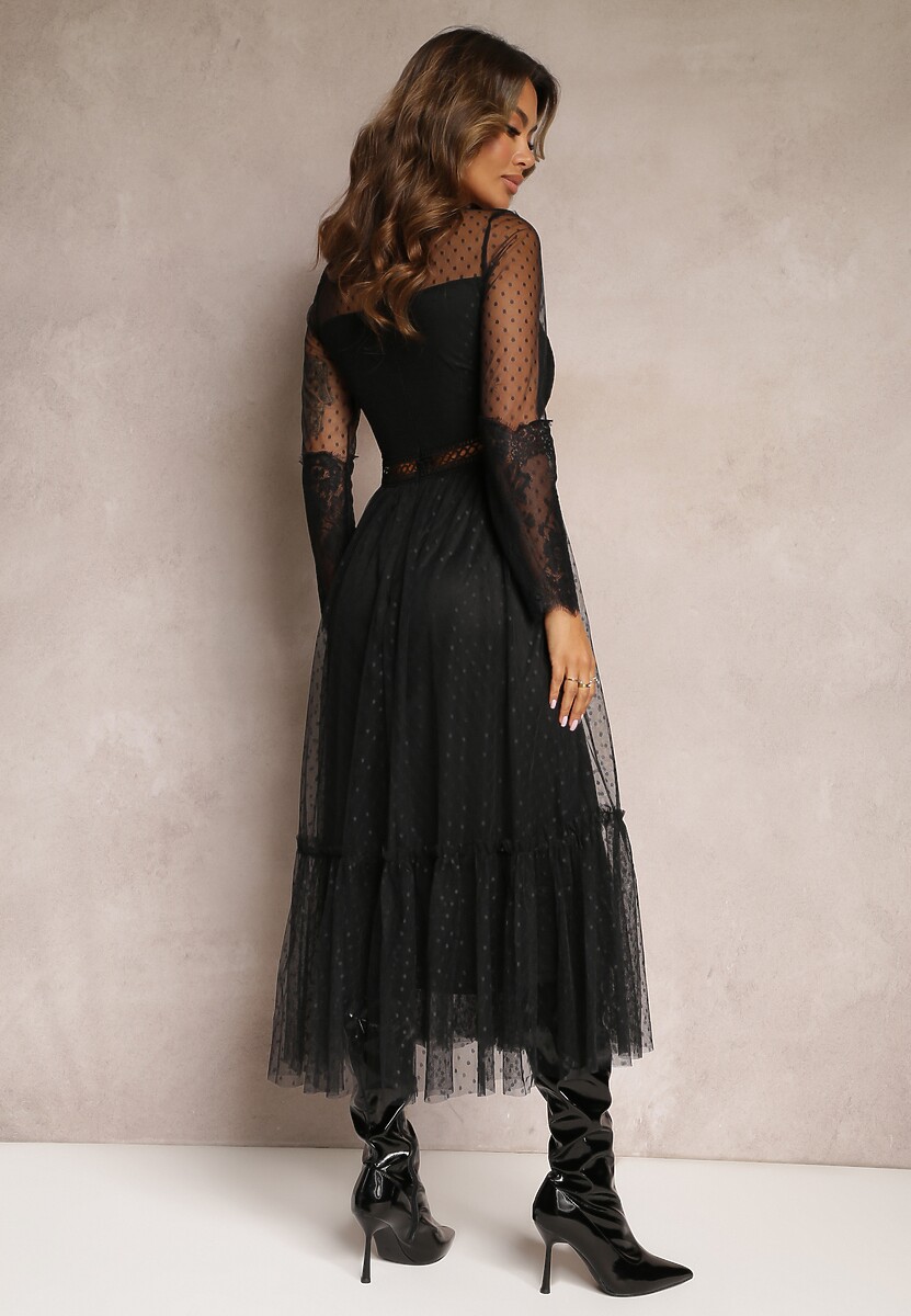 Czarna Rozkloszowana Sukienka Maxi z Koronkowymi Wstawkami i Tiulem Kollla