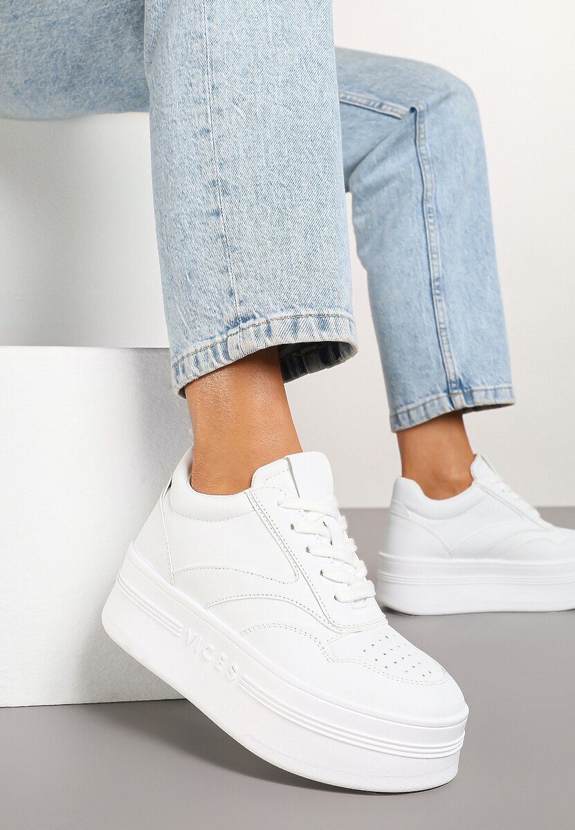 Białe Sznurowane Sneakersy Vices na Platformie z Metalicznymi Paskami Neliawen