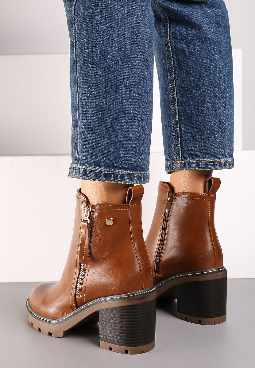 Brązowe Botki na Obcasie z Ozdobnym Zamkiem Błyskawicznym Leriene