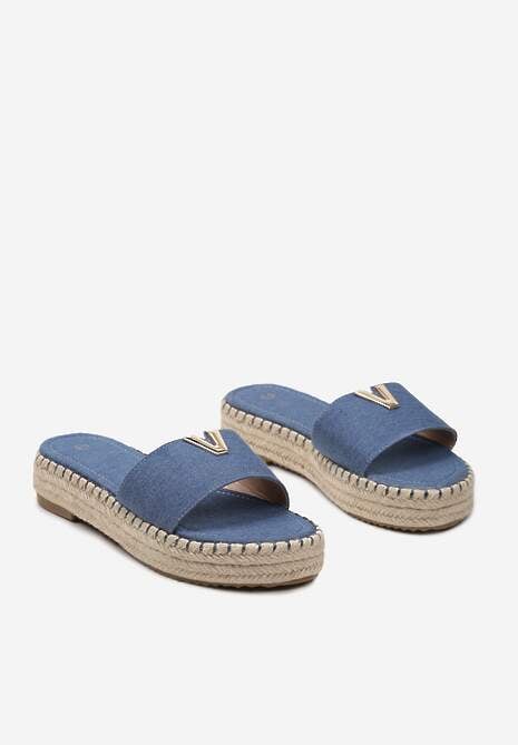 Niebieskie Klapki na Pasku Metalowa Ozdoba Podeszwa z Ozdobnie Plecionej Juty Raskia