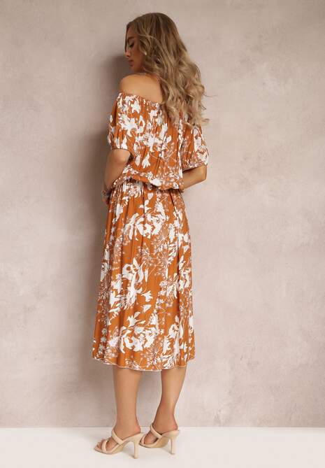 Brązowa Sukienka z Hiszpańskim Dekoltem i Gumką w Talii z Wiskozy Haleze