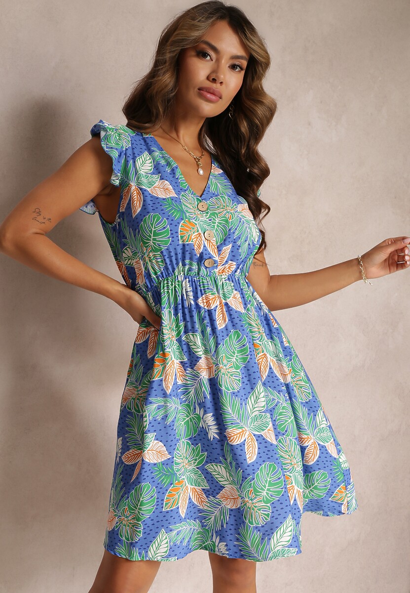 Niebieska Wiskozowa Sukienka Mini z Gumką w Pasie i Ozdobnymi Guzikami Trypha