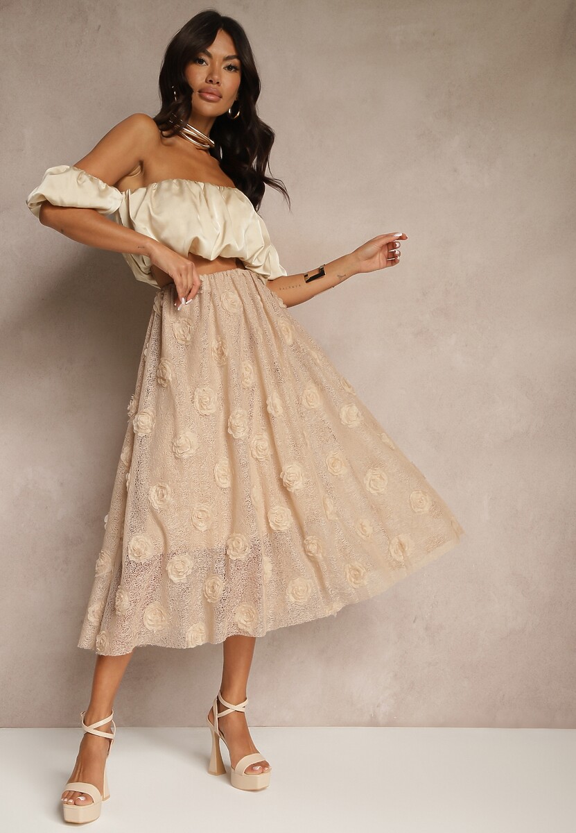 Czarna Tłoczona Spódnica o Rozkloszowanym Kroju z Gumką w Pasie Folunetta