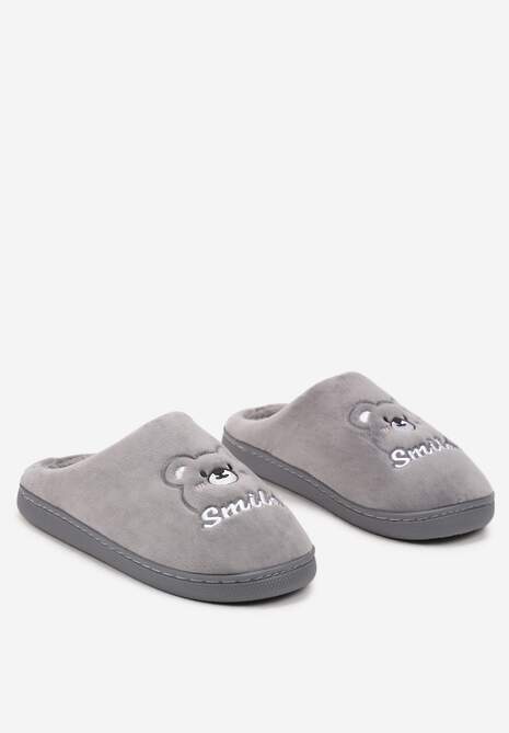 Szare Wsuwane Kapcie z Welurowym Wykończeniem i Ozdobną Naszywką Naorise
