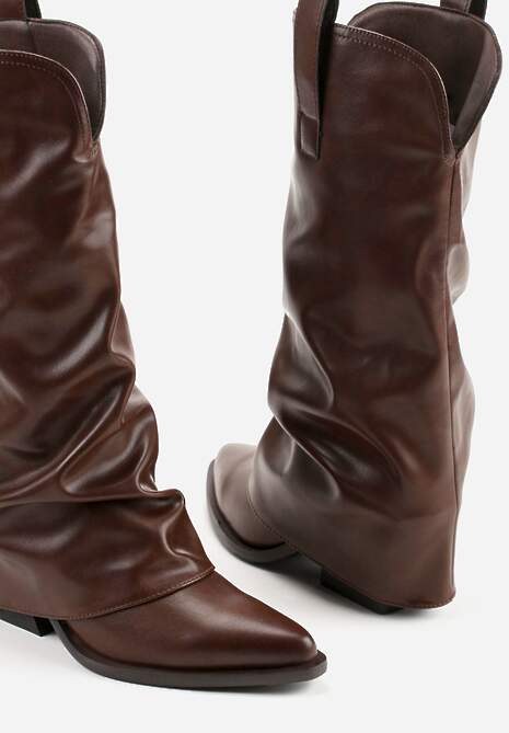 Ciemnobrązowe Kozaki Kowbojki na Stożku z Wywiniętą Marszczoną Cholewką Escana