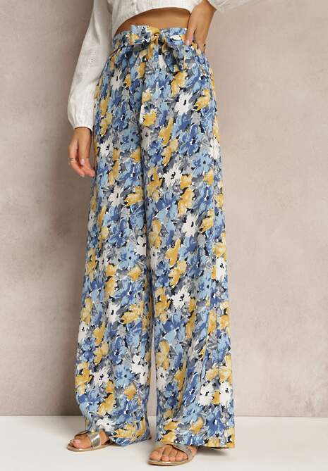 Niebieskie Długie Spodnie z Szerokimi Nogawkami oraz Kieszeniami i Materiałowym Paskiem Omina