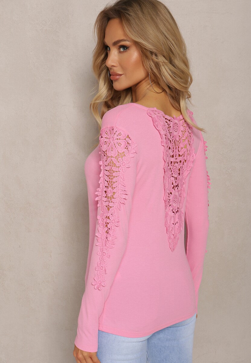 Różowa Bluzka z Ażurowymi Wstawkami na Plecach i Rękawach Ailrenia