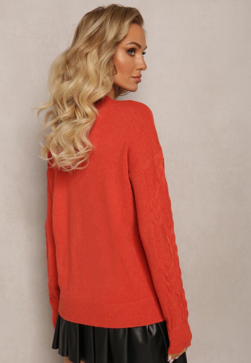 Pomarańczowy Warkoczowy Sweter z Długim Rękawem i Ściągaczami Kaviss