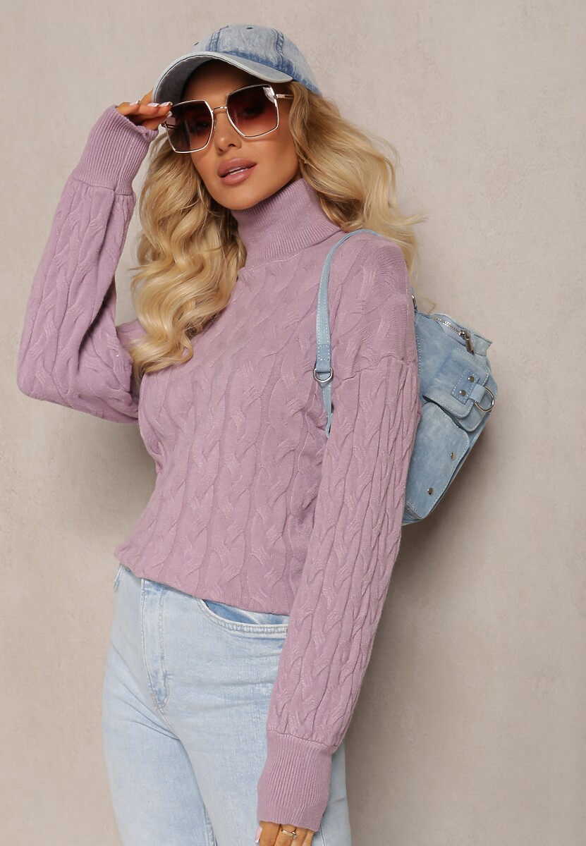 Granatowy Sweterkowy Golf o Warkoczykowym Splocie Taitusi