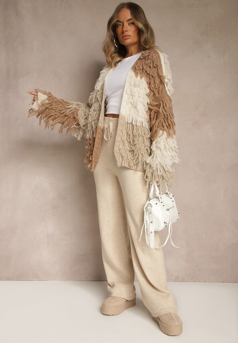Beżowy Kardigan Bez Zapięć z Domieszką Wełny Zdobiony Imitacją Piór Lanitia