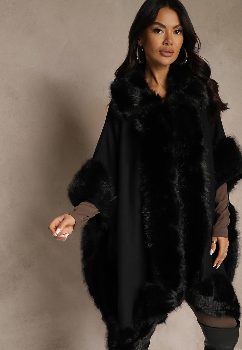 Brązowe Ponczo z Wiskozą Wełną i Futerkiem Mevicia