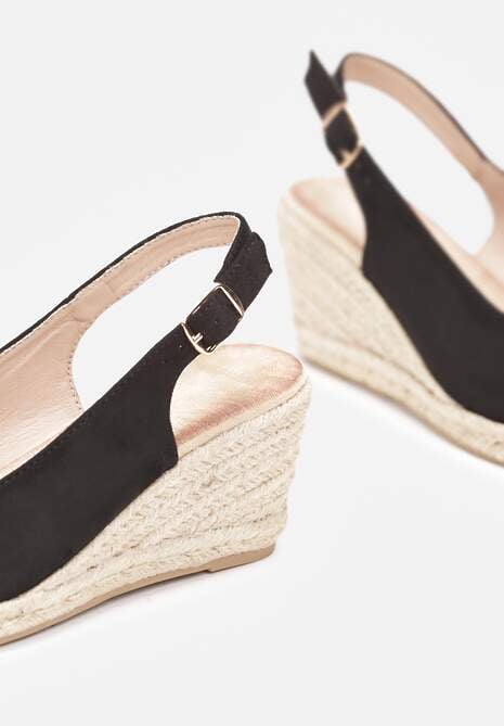 Czarne Sandały na Plecionej Koturnie Evetra