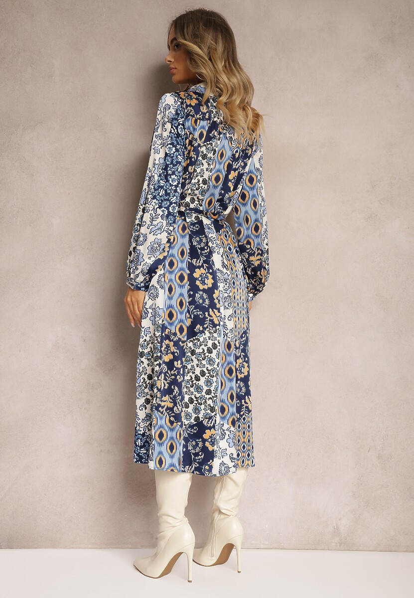 Niebiesko-Granatowa Sukienka Rozkloszowana o Koszulowym Fasonie z Ornamentalnym Printem Elyisa