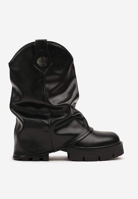 Czarne Marszczone Botki Ozdobione Wywiniętą Cholewką z Aplikacją Galire