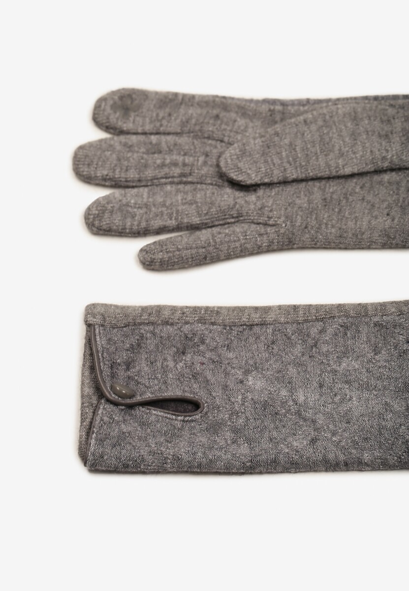 Szare Rękawiczki z Bawełną Ozdobione Rombami i Guzikiem Fenemi