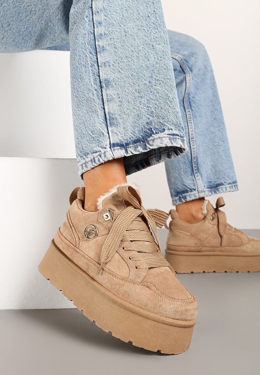 Ciemnobeżowe Sneakersy z Ekozamszu na Grubej Podeszwie Wyściełane Futerkiem Senavel