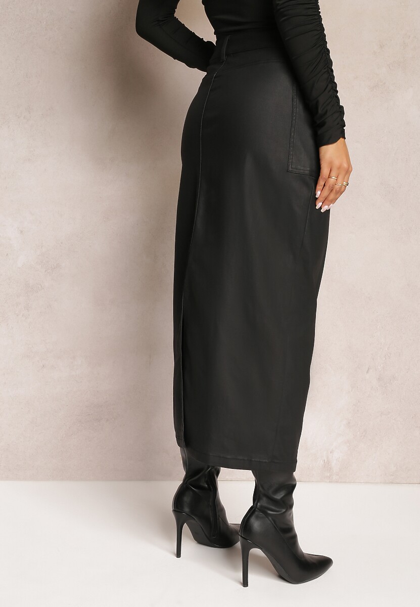 Czarna Ołówkowa Spódnica Midi High Waist z Ekoskóry Adaulfo
