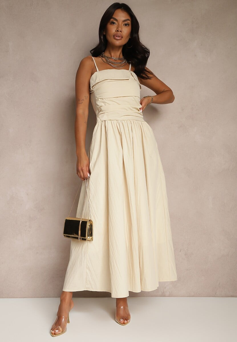 Beżowa Sukienka z Wiskozy z Bawełną Ozdobiona Zakładką Atellana