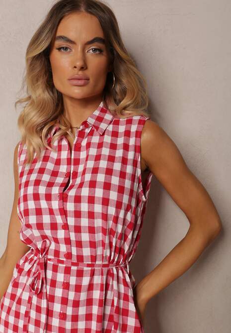 Czerwono-Biała Wiskozowa Sukienka o Koszulowym Kroju Wiązana w Pasie Rivalea