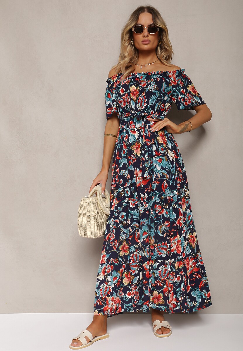 Granatowa Bawełniana Sukienka Hiszpanka Wiązana w Talii w Kwiatowy Wzór Risarrae