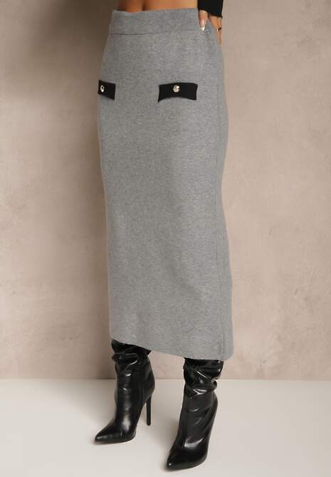 Czarno-Szary Sweterkowy Komplet z Dzianiny z Bawełną Kardigan i Spódnica Derrive