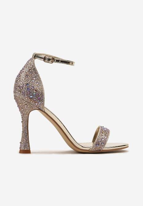 Złote Brokatowe Sandały na Klepsydrowej Szpilce z Drobnymi Cyrkoniami Isoldis