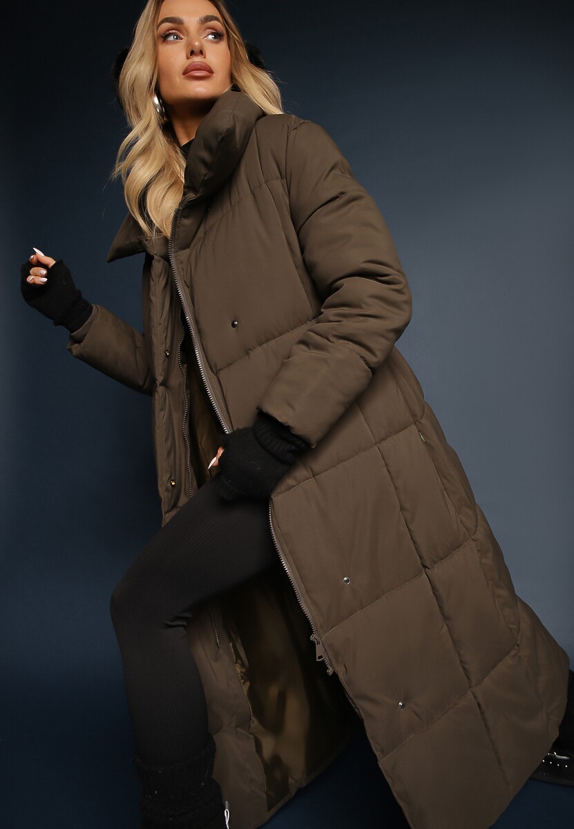 Ciemnozielona Długa Kurtka Pikowana Płaszcz z Paskiem Adellesstta