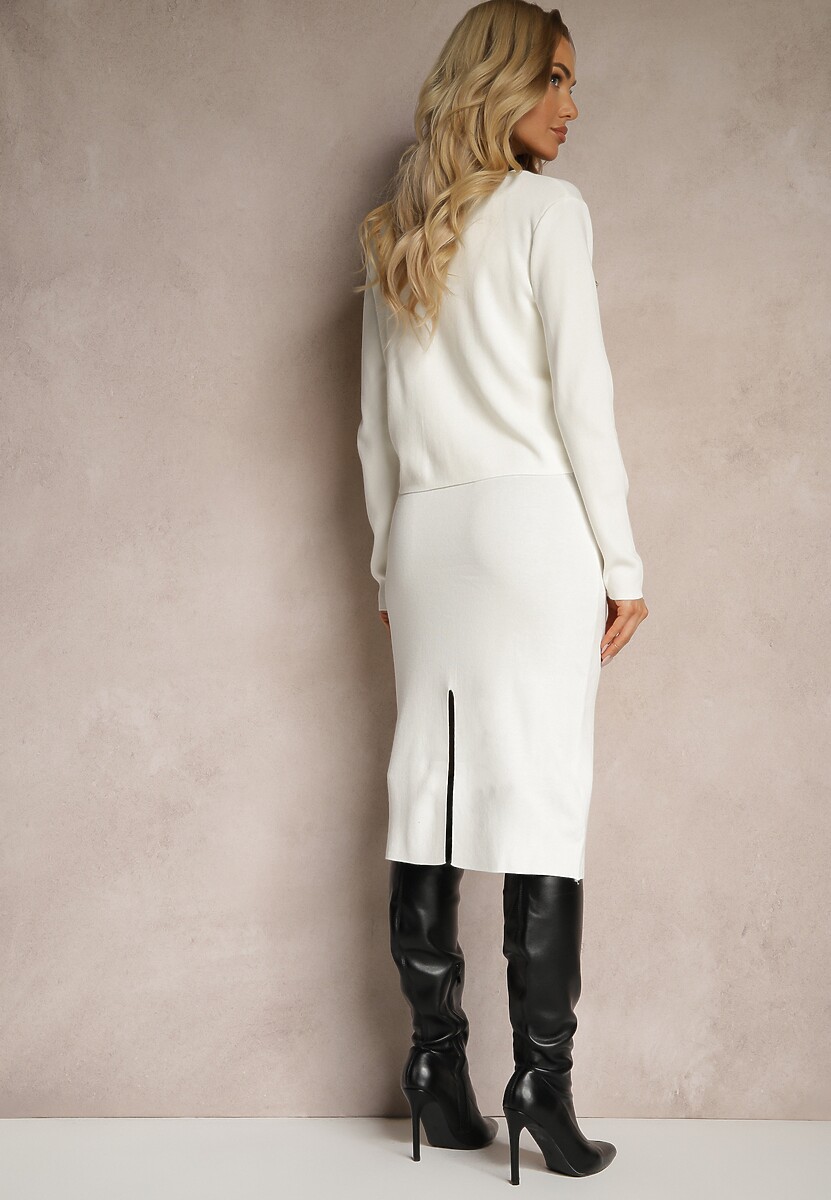 Biały Komplet Dzianinowy z Wiskozą Top Rozpinany Kardigan Spódnica o Dopasowanym Kroju Emavenda