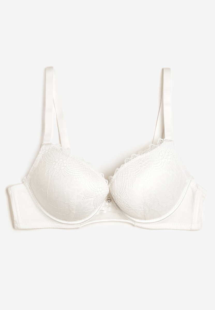 Jasnobeżowy Biustonosz Push Up z Ozdobną Koronką i Zawieszką Gialine