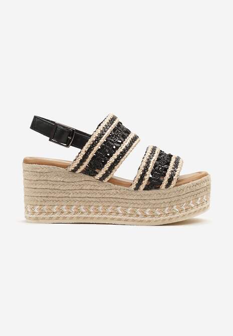 Czarne Sandały na Plecionym Koturnie z Wycięciami i Sprzączką Liaorine