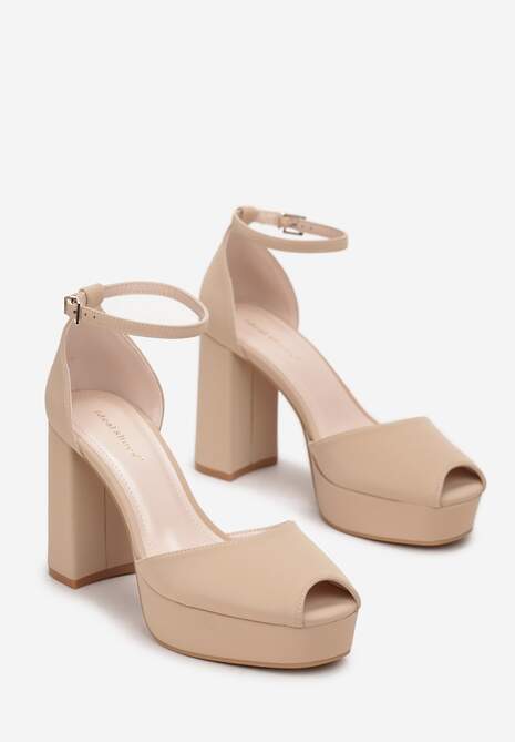 Ciemnobeżowe Sandały Peep Toe Na Wysokim Słupku i Platformie Melanish