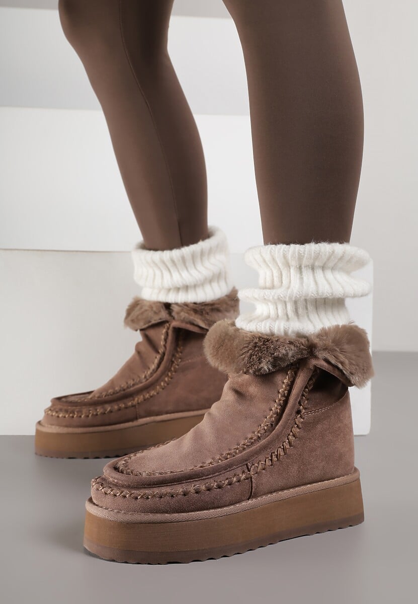 Ciemnobeżowe Śniegowce Ozdobione Haftem Rawedena