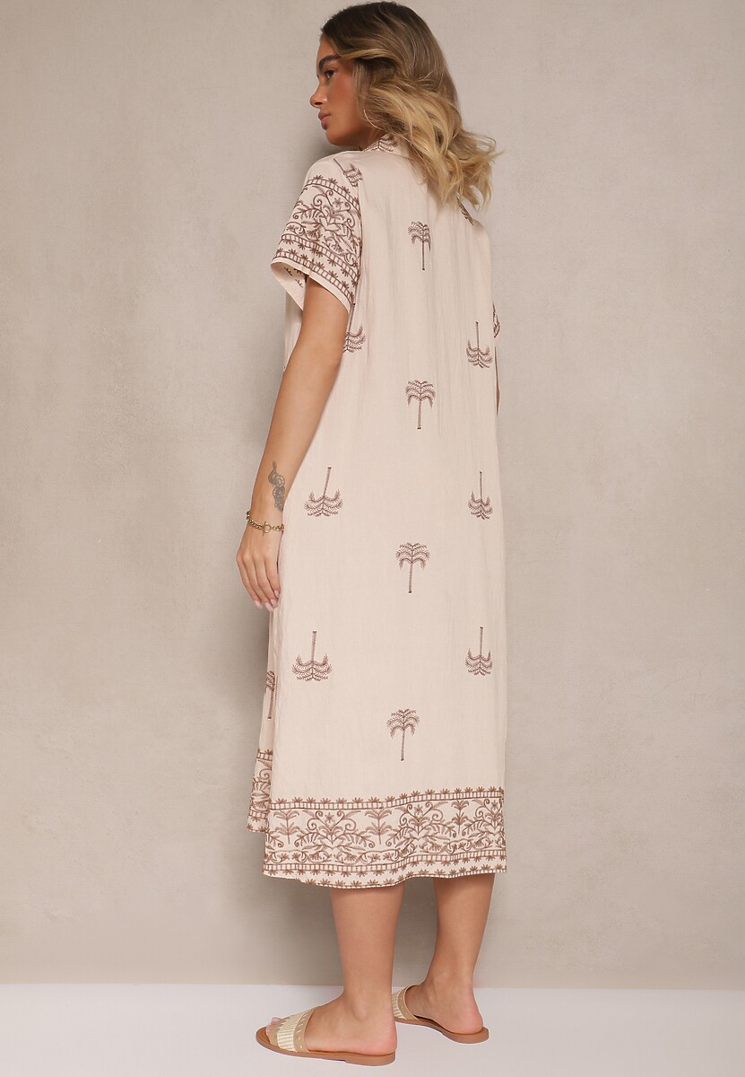 Beżowa Sukienka z Wiskozą o Pudełkowym Kroju z Kołnierzykiem z Haftem Sanavelle