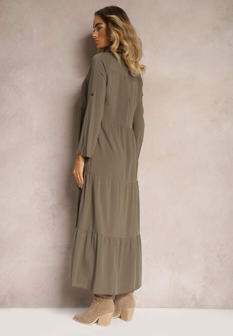 Ciemnozielona Koszulowa Sukienka Maxi z Bawełny Junira