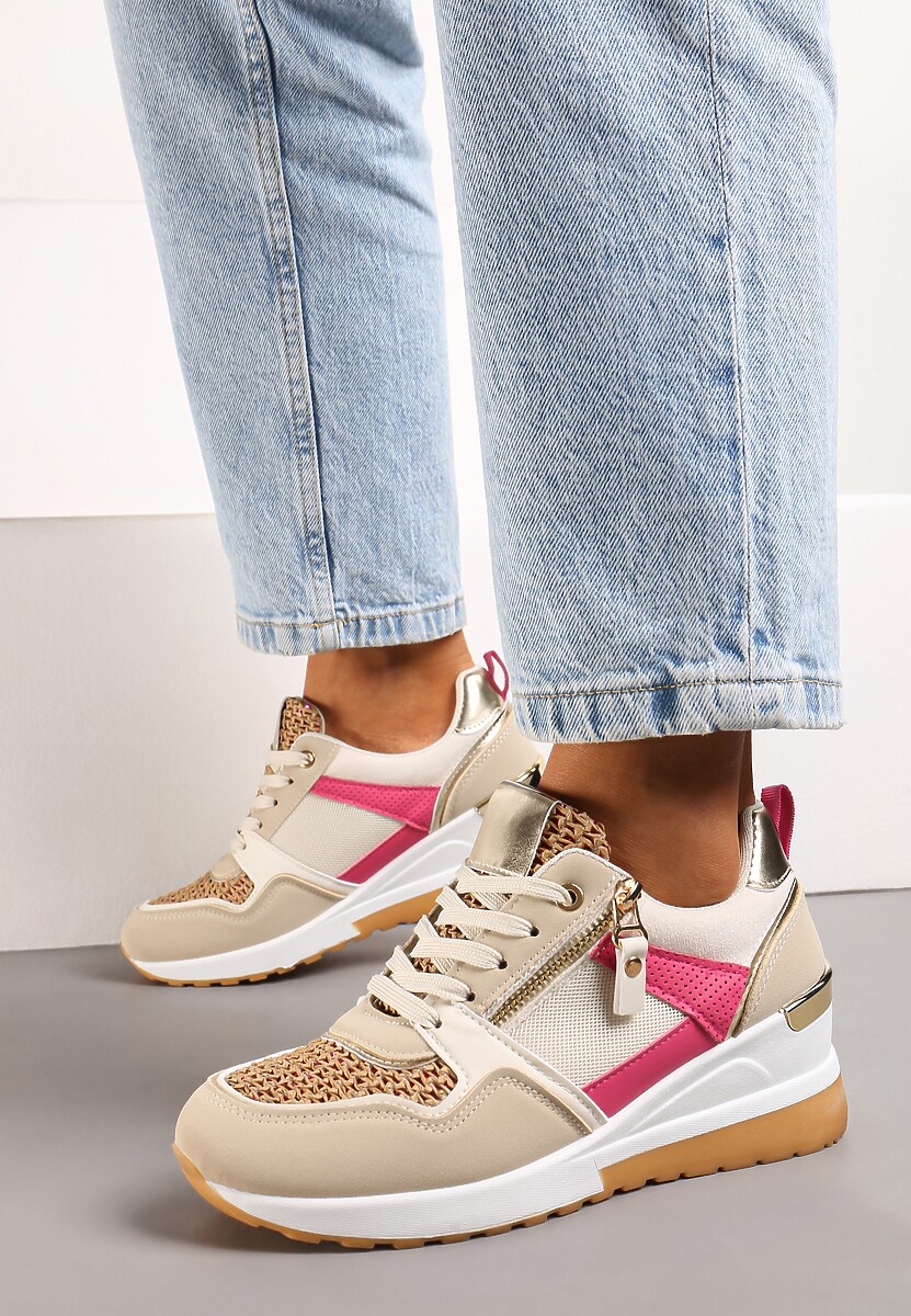 Beżowo-Różowe Sneakersy na Niewysokim Koturnie Ozdobione Suwakiem i Wstawkami Liorrama